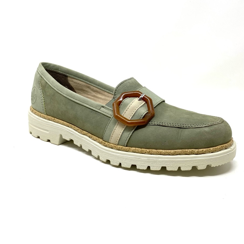 Rieker Olive Green Nubuck Loafer with Brown Accent Buckle